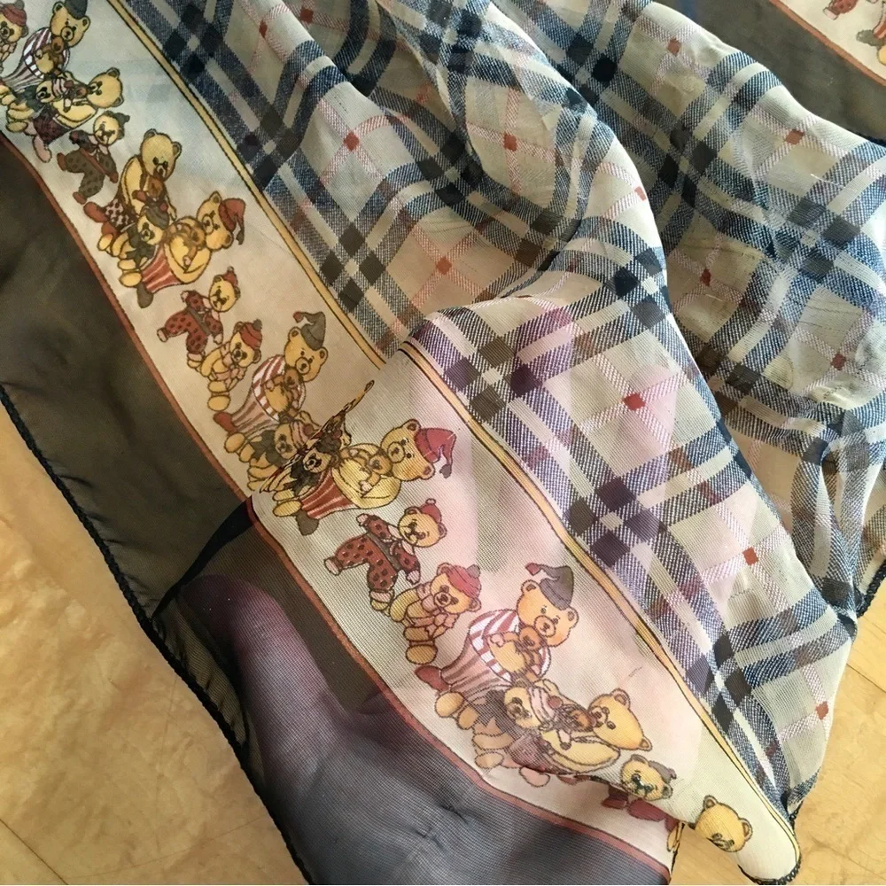 Teddy Bear and Plaid Semi Sheer Scarf, Brown, Tan, Black, Red